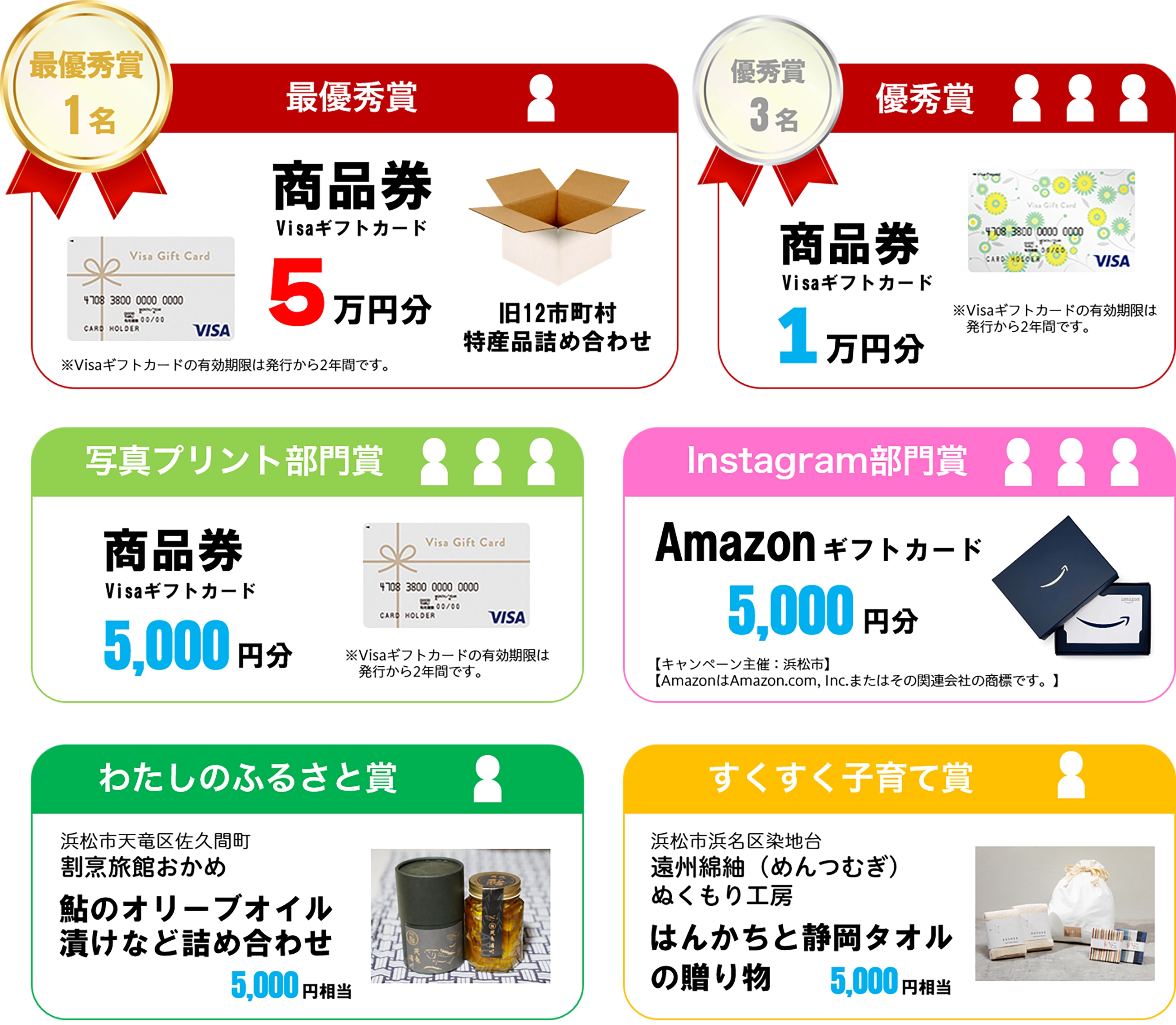 最優秀賞、1名。商品券、ビザギフトカード、5万円分。ビザギフトカードの有効期限は発行から2年間です。旧12市町村特産品詰め合わせ。優秀賞、3名。商品券、ビザギフトカード、1万円分。写真プリント部門賞、3名。商品券、ビザギフトカード、5千円分。インスタグラム部門賞、3名。アマゾンギフトカード、5千円分。キャンペーン主催、浜松市、アマゾンはアマゾンドットコム、インスまたはその関連会社の商標です。わたしのふるさと賞、1名。浜松市天竜区佐久間町、割烹旅館おかめ、鮎のオリーブオイル漬けなど詰め合わせ、5千円相当。すくすく子育て賞、1名。浜松市浜名区染地台、遠州めんつむぎ、ぬくもり工房、はんかちと静岡タオルの贈り物、5千円相当。